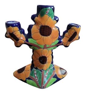 Vtg Talavera Mexican Ceramic 3-arm 3 Candle Candelabra 8"x7 Sunflower Blue 8”